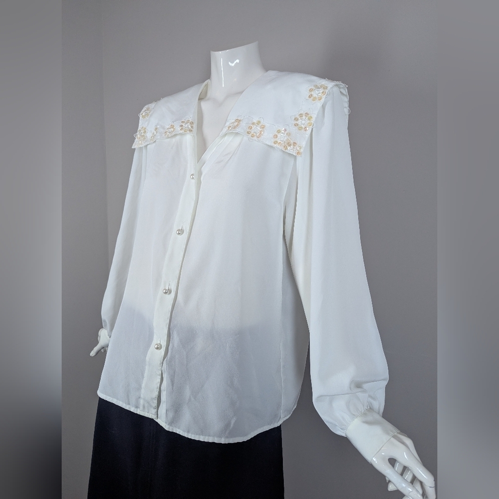 Vintage White Blouse with Sailor Collar | Sequin Floral Trim Shoulder Pads - Picture 6 of 8